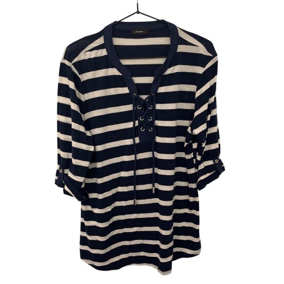 Navy & White Striped Cocomo Lace-Up L Tunic Top With Roll-Tab Sleeves Beach Casu - Picture 1 of 4